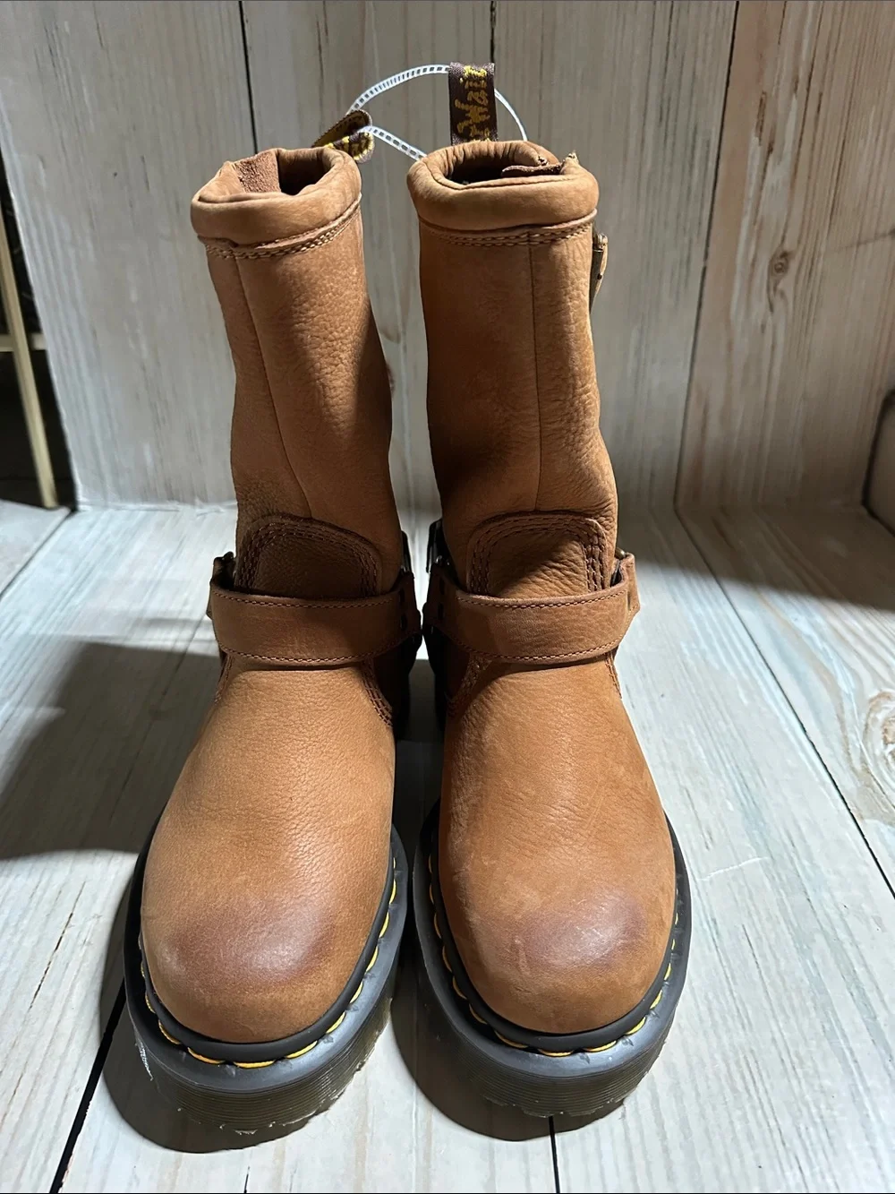 Dr. Martens Brown Leather Harness Boots with Yellow Stitching